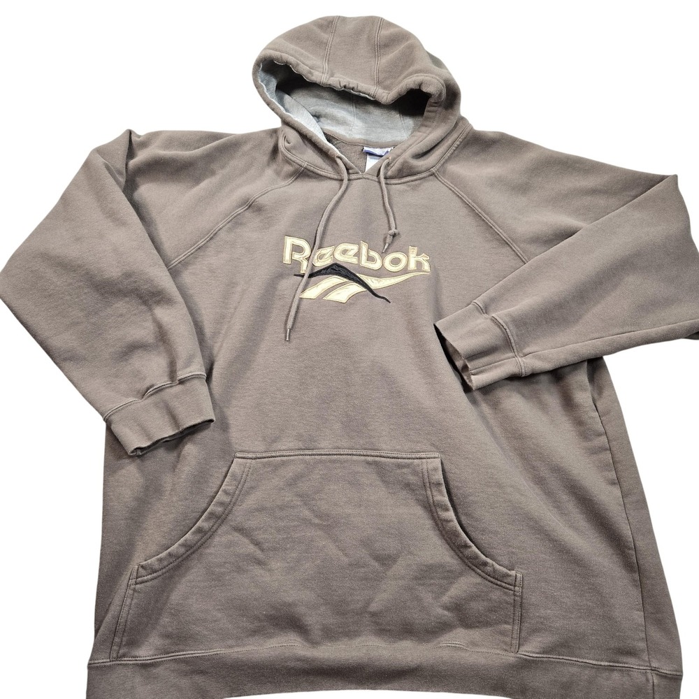 Reebok Hoodie Sweatshirt Mens 2XL Brown Logo Pullover Fleece Kangaroo Pocket